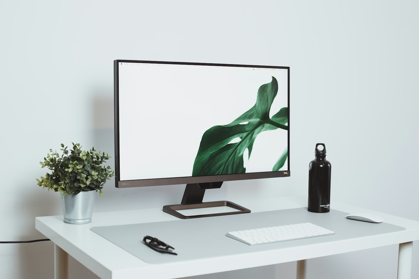 Monitor komputera z zielonym liściem na białym biurku.